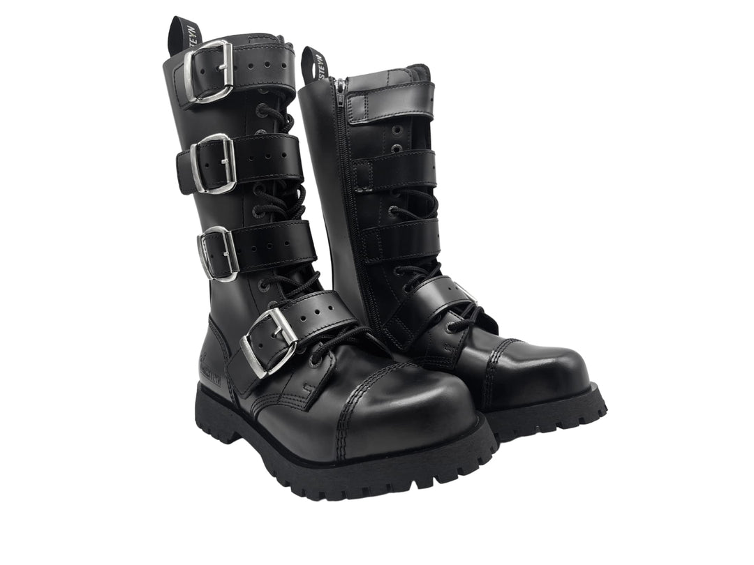 Darksteyn 14 Eye Premium Ranger Boots 4 Buckle Black Zip